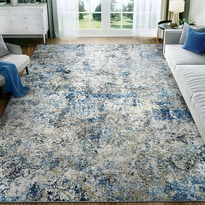 Washable Area Rug for Living Room: 6x9 Modern Abstract Neutral Soft Rug for Bedroom Dining Room No Slip Low Pile Carpet for Nursery Home Office - Grey/Blue