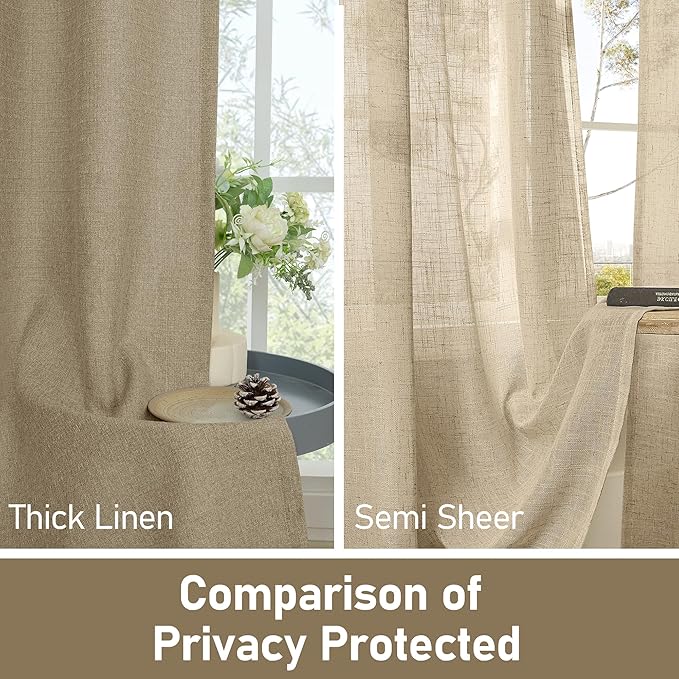 LAMIT Tan Brown Linen Curtains for Bedroom, 90 inches Grommet Thermal Insulated Thick Farmhouse Curtains Noise Reducing Window Treatment Burlap Drapes for Living Room, Set of 2 Panels, W52 x L90