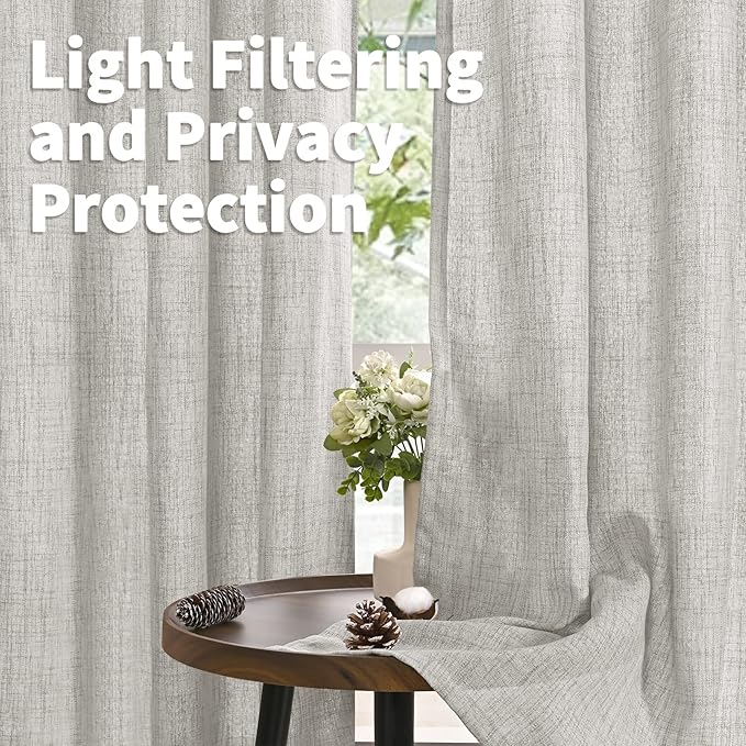 YoungsTex Light Grey Linen Curtains 63 Inches Long Bronze Grommet Light Filtering Window Drapes for Living Room Bedroom Office Lightweight, 60 x 63 Inch, 2 Panels