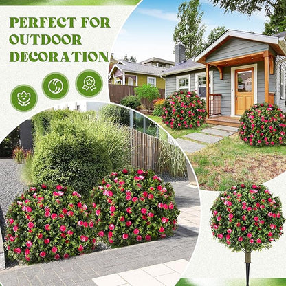 24 Artificial Topiary Ball Tree with Flower Set of 2,Outdoor Fake Topiary with Ground Spike,UV Resistant Faux Artificial Plant Bushes for Indoor Outdoor Front Porch Garden Decor (Pink & White)