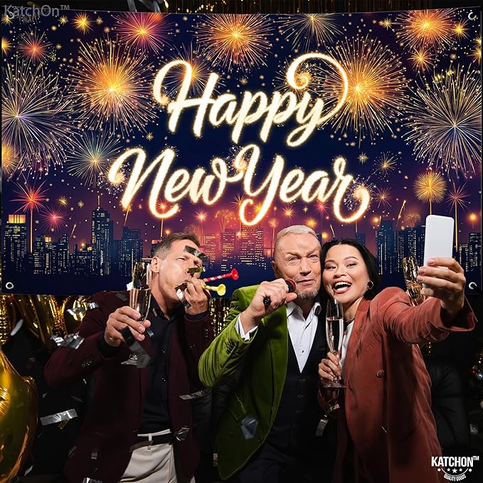 KatchOn, XtraLarge Happy New Year Banner - 72x44 Inch | Neon New Year Backdrop 2026 | Neon New Years Decorations 2026 | NYE Eve Banner For NYE Decorations 2026 | New Years Eve Party Supplies 2026