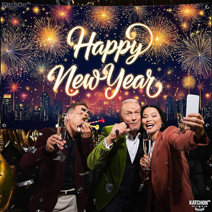 KatchOn, XtraLarge Happy New Year Banner - 72x44 Inch | Neon New Year Backdrop 2026 | Neon New Years Decorations 2026 | NYE Eve Banner For NYE Decorations 2026 | New Years Eve Party Supplies 2026