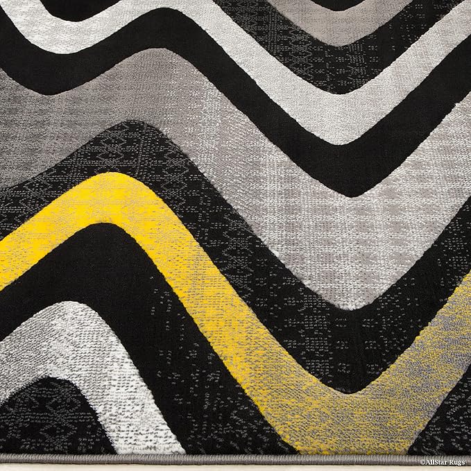 Allstar 5x7 Grey and Gainsboro Grey Modern and Contemporary Rectangular Accent Rug with Yellow and Charcoal Grey Wavy Zigzag Design (4' 11" x 6' 11")