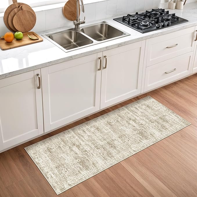 2x5 Rug Runner Washable for Entryway, Soft Bathroom Rugs with Non-Slip Backing, Abstract Low Pile Hallway Runner, Vintage Small Kitchen Carpet for Stair, Laundry Room(2'x5', Brown/Ivory)