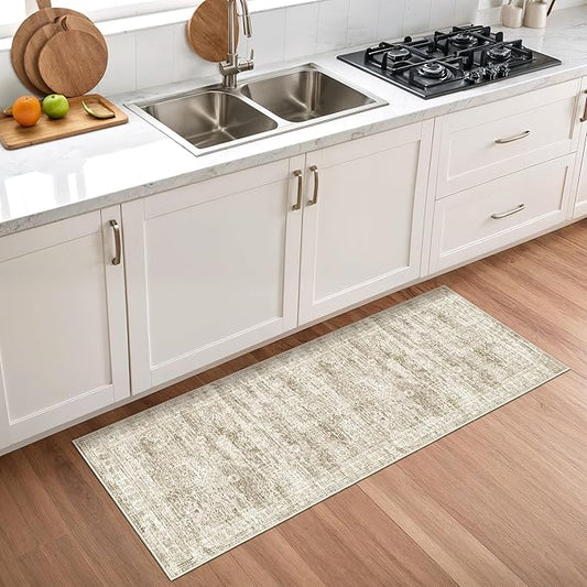 2x5 Rug Runner Washable for Entryway, Soft Bathroom Rugs with Non-Slip Backing, Abstract Low Pile Hallway Runner, Vintage Small Kitchen Carpet for Stair, Laundry Room(2'x5', Brown/Ivory)