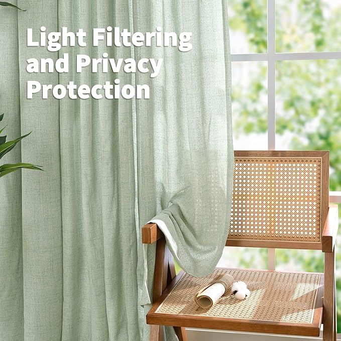 YoungsTex Sage Green Linen Curtains 95 Inch Length 2 Panels, Semi Sheer Drapes Light Filtering with Pinch Pleated for Living Room Bedroom Dining Back Tab Window Treatments, 40 X 95 Inch