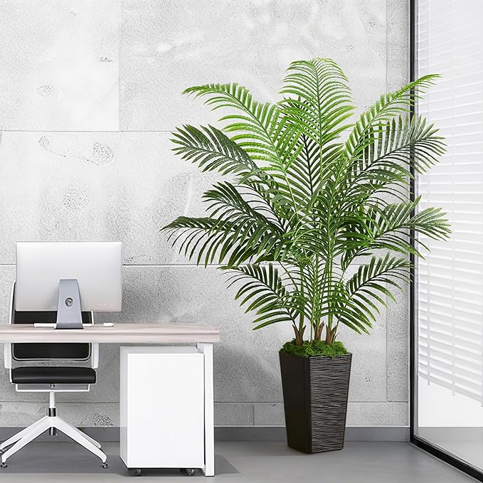 Artificial Palm Tree Artificial Silk Plant Fake Tree with White Tall Planter Faux Tropical Areca Floor Plant in Pot (1, Black Tall Planter, 5 FT)