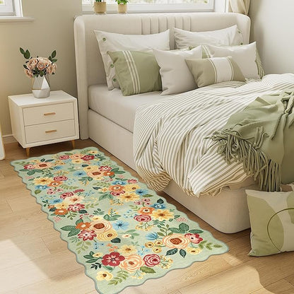 DUKINO 2x5 Washable Runner Rugs, Non Slip Floral Print Entryway Rug with Soft Low Pile, Lightweight Mat for Living Room, Bathroom, Bedroom, Kitchen, Green