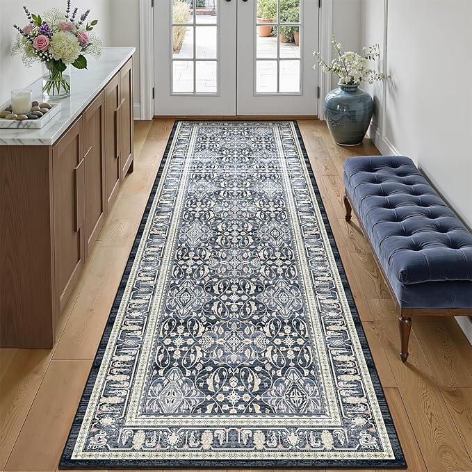 Dark Blue 3x8 Hallway Runner Rug, Kitchen Runners Non Skid Washable 8 ft, Washable Non Slip Ultra Thin Carpet Runner for Entryway Corridor Mudroom Bathroom, Transitional Moroccan Floral Trellis