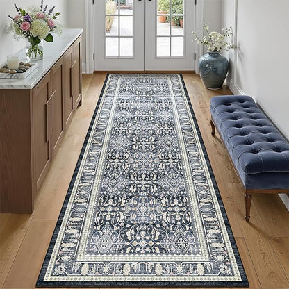 Dark Blue 3x8 Hallway Runner Rug, Kitchen Runners Non Skid Washable 8 ft, Washable Non Slip Ultra Thin Carpet Runner for Entryway Corridor Mudroom Bathroom, Transitional Moroccan Floral Trellis