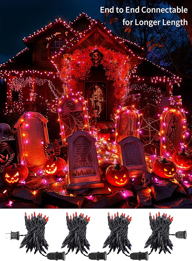2 Pack Halloween Mini Lights, 13 Feet 50 Count Totally 100 Count Incandescent Mini String Lights, Connectable Halloween Light for Haunted House Party Holiday Window Indoor Decoration, Orange & Purple