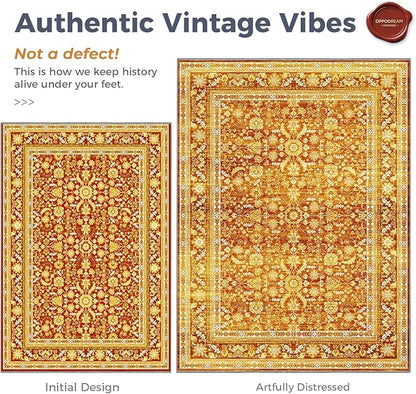 OPPODREAM Thin Vintage Orange 2x8 Runner Rug, 2 x 8 Retro Washable Rug Non Slip, Low-Pile Faux Wool Carpet, Distressed Floor Mat for Kitchen, Hallway, Entry-Way, Entrance, Indoor Back Door