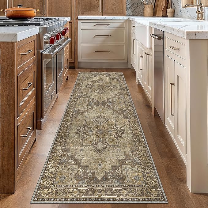 GENIMO 2x12 Runner Rugs for Hallway, Machine Washable Non Slip Vintage Rugs, Low Pile Lightweight Soft Print Rug for enrtyway, Corridor, Home Office, Kitchen, Rustic Brown