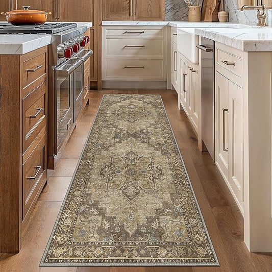GENIMO 2'6''x10 Runner Rugs for Hallway, Machine Washable Non Slip Vintage Rugs, Low Pile Lightweight Soft Print Rug for enrtyway, Corridor, Home Office, Kitchen, Rustic Brown