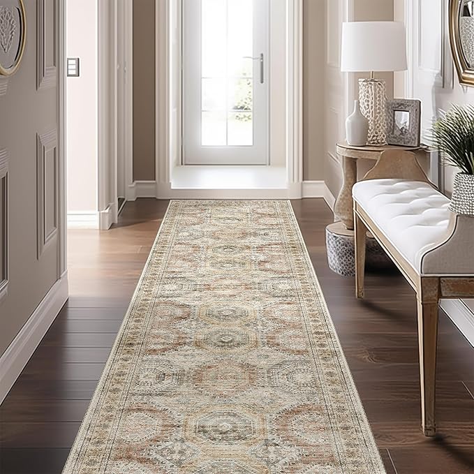 Rug Runners for Hallways Non Slip - 2x8 Runner Rug for Bedroom, Washable Runner with Rubber Backing, Soft Low-Pile Carpet for Kitchen, Laundry, Bathroom (2'x8', Brown/Pink)