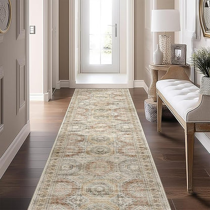 Rug Runners for Hallways Non Slip - 2x8 Runner Rug for Bedroom, Washable Runner with Rubber Backing, Soft Low-Pile Carpet for Kitchen, Laundry, Bathroom (2'x8', Brown/Pink)