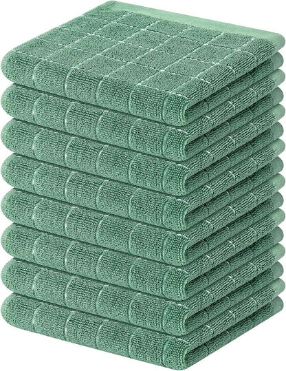 Mordimy 100% Cotton Terry Cloth Dish Cloths, Soft and Absorbent Checkered Dish Towels, Quick Drying Dish Rags for Washing Dishes, 8 Pack, 12 x 12 Inches, Grass Green