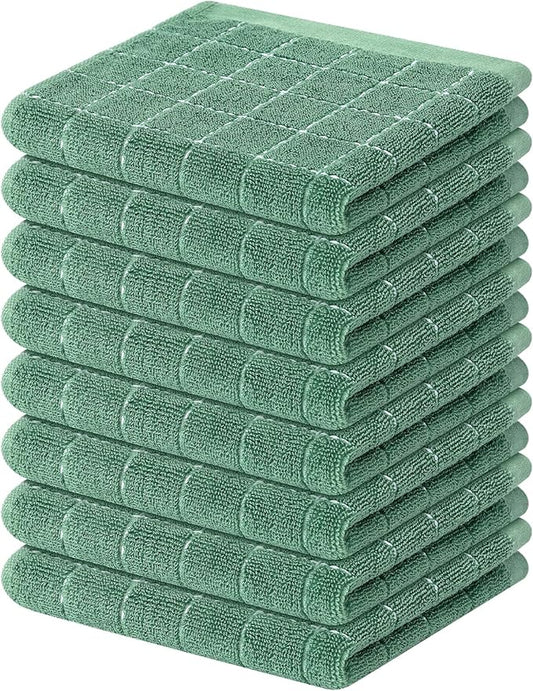 Mordimy 100% Cotton Terry Cloth Dish Cloths, Soft and Absorbent Checkered Dish Towels, Quick Drying Dish Rags for Washing Dishes, 8 Pack, 12 x 12 Inches, Grass Green