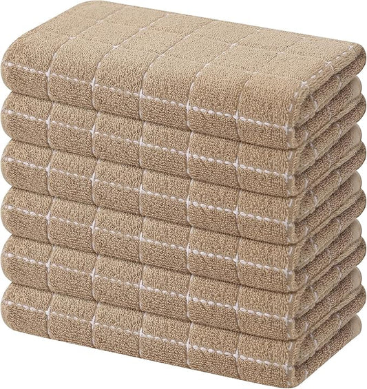 Mordimy 100% Cotton Terry Cloth Kitchen Towels, Super Soft and Absorbent Dish Towels for Drying, Checkered Designed Hand Towels for Kitchen, 16 x 26 Inches, 6 Pack, Tan