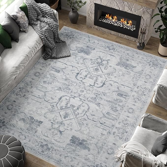 jinchan 6x9 Area Rugs for Living Room Washable Soft Throw Rug Ultra-Thin Stain Resistant Non-Slip Distressed Vintage Floral Large Carpet for Bedroom,Dining Room,Home Office,Nursery (6x9ft,Grey)