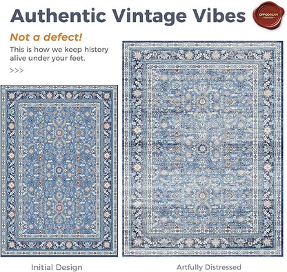 OPPODREAM Thin Vintage Blue 2x12 Runner Rug, 2 x 12 Retro Washable Rug Non Slip, Low-Pile Faux Wool Carpet, Distressed Navy Floor Mat for Kitchen, Hallway, Entry-Way, Entrance, Indoor Back Door