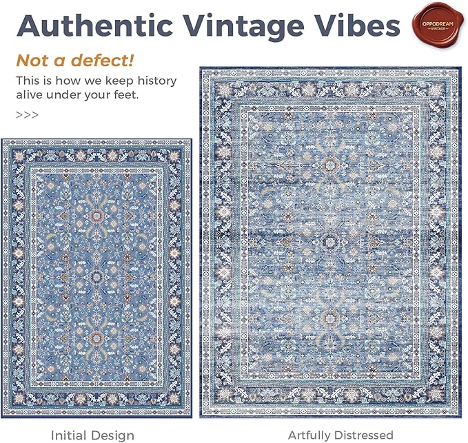 OPPODREAM Thin Vintage Blue 2x8 Runner Rug, 2 x 8 Retro Washable Rug Non Slip, Low-Pile Faux Wool Carpet, Distressed Navy Floor Mat for Kitchen, Hallway, Entry-Way, Entrance, Indoor Back Door