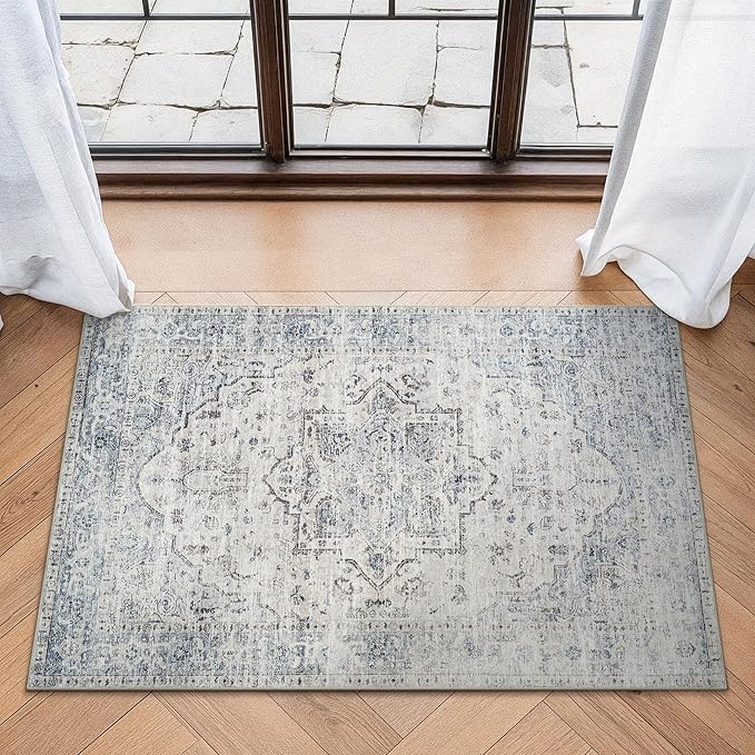 Bloom Rugs Washable Non-Slip 2x3 Rug - Ivory/Blue/Gray Traditional Oriental Area Rug for Living Room, Bedroom, Dining Room, and Kitchen - Exact Size: 2' x 3'