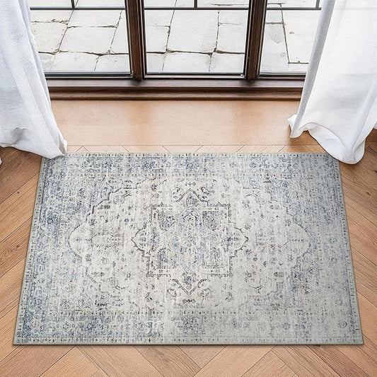 Bloom Rugs Washable Non-Slip 2x3 Rug - Ivory/Blue/Gray Traditional Oriental Area Rug for Living Room, Bedroom, Dining Room, and Kitchen - Exact Size: 2' x 3'