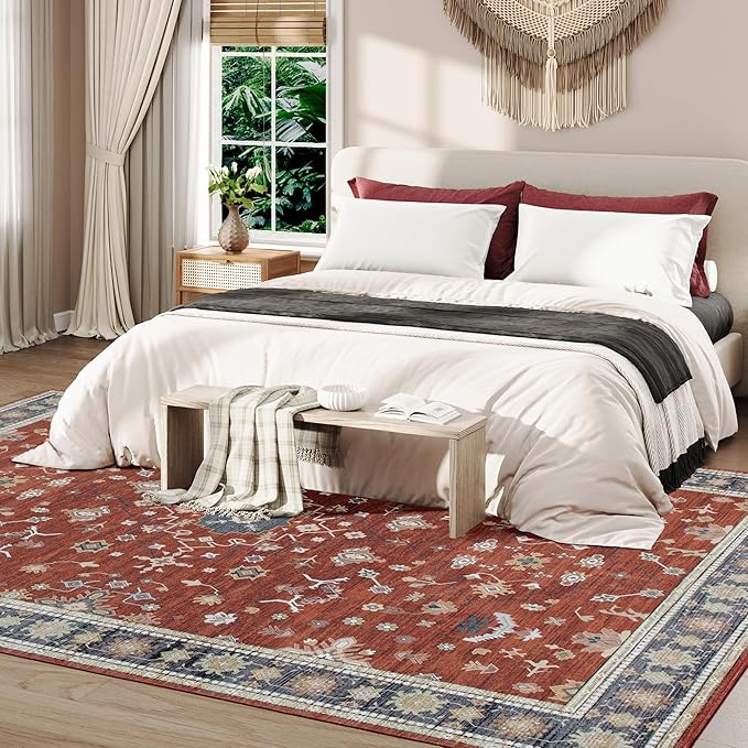 Large Rugs for Living Room, 8x10 Red Washable Rug for Bedroom, Soft Boho Indoor Carpets, Big Modern Kids Room Rug, Non-Slip Low Pile Mat for Office Home Dining Room Christmas Decor, Red/Gold