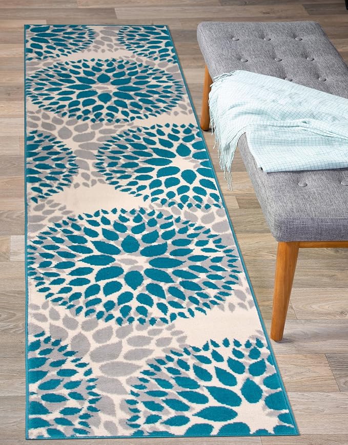 Rugshop Modern Floral Circles Design for Living Room,Bedroom,Home Office,Kitchen Non Shedding Runner Rug 2' x 10' Blue