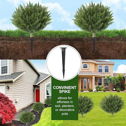 15.7" Fake Shrubs, Artificial Cedar Ball Tree Plant, 2 Packs of Fake Cedar Outdoor shrubs with Ground Spike, UV Resistant Fake shrubs, Used for Indoor and Outdoor Front Porch Gardens