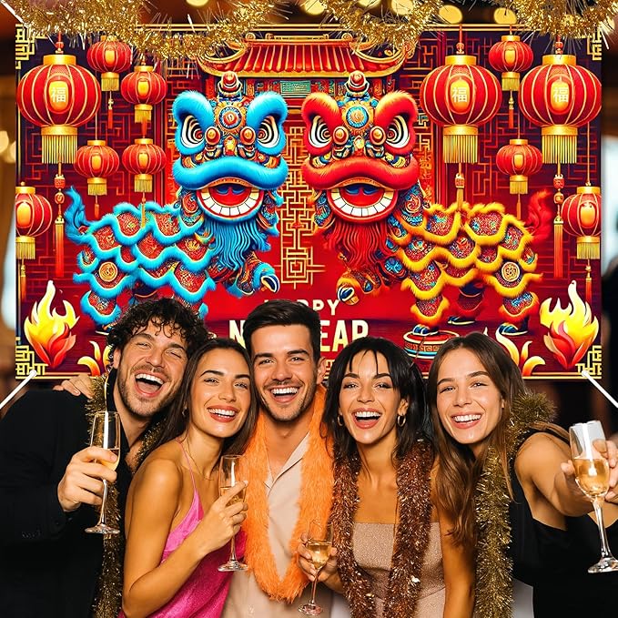 Chinese New Year Lion Dance Backdrop Happy New Year Banner Red Gold Lantern Festival Party Background Traditional Lunar New Years Wall Decor for Home Party Event Photo Booth 71x43 Inch