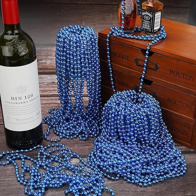 YAXINRUI 12 PCS Blue Bead Necklaces, Mardi Gras Christmas Bead Necklaces, Blue Patriotic Necklace, 33 Inch Round Beaded Necklaces for Mardi Gras Christmas 4th of July Festive Events