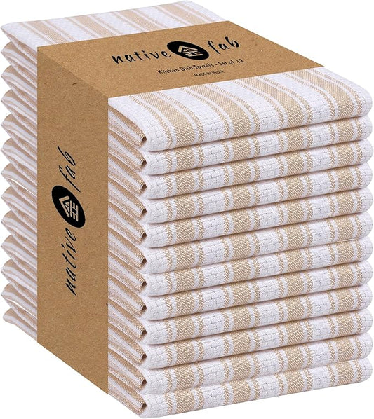 Native Fab 100% Cotton Beige Kitchen Towels - 16x26 inches - Set of 12 - Basket Weave Stripe Dish Towels for Cleaning, Drying Dishes, Absorbent Dish Cloths Set with Hanging Loop - Beige White