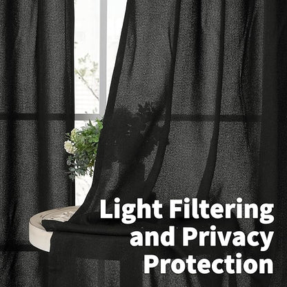 YoungsTex Black Linen Curtains for Living Room 95 Inch Length, Light Filtering Window Drapes with Rod Pocket Back Tab Semi Sheer for Farmhouse Bedroom, 2 Panels, 52 X 95 Inch