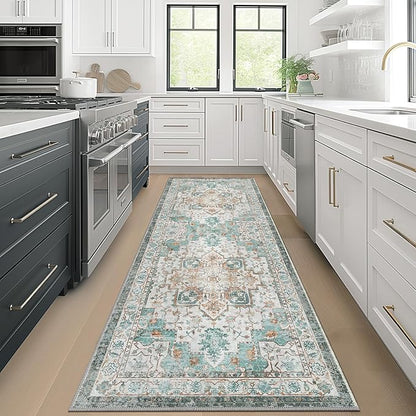 GENIMO 2‘6“x10 Runner Rugs for Hallway, Machine Washable Non Slip Vintage Rugs, Low Pile Lightweight Soft Print Rug for enrtyway, Corridor, Home Office, Kitchen, Cyan