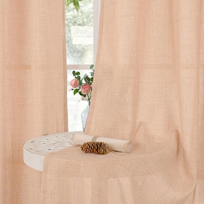 YoungsTex Peach Linen Curtains 95 Inch Length for Living Room, Coral Semi Sheer Drapes Extre Long Light Filtering with Bronze Grommet for Bedroom Dining, 52 x 95 Inch, 2 Panels