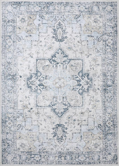 GENIMO 5x8 Area Rugs for Living Room, Machine Washable Low Pile Rugs, Chenille Non Slip Vintage Rug for Bedroom, Dining Room, Home Office, Blue