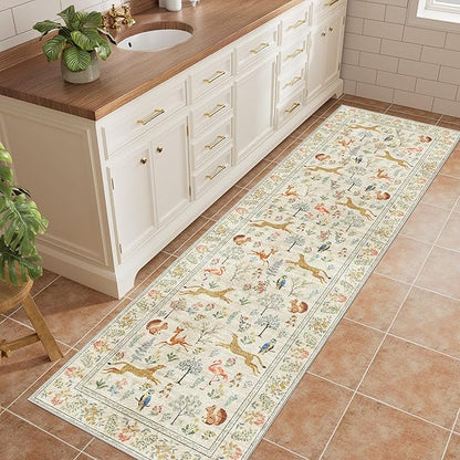 DUKINO 2x10 Rug for Hallway, Washable Kitchen Runner Rug with Non Slip Backing, Soft Low Pile Vintage Animal Runner for Bedroom, Kitchen, Hallway, Entryway, Laundry, White