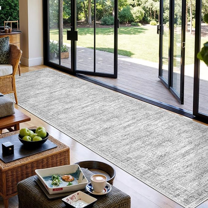 Washable Runner Rug 2.5x12, Non-Slip Long Bathroom Rugs Runner for Kitchen, Living Room, Bedroom, Soft Vintage Rug for Entryway, Thin Floor Mat for Dining Room(2.5'x12', Grey/Ivory)