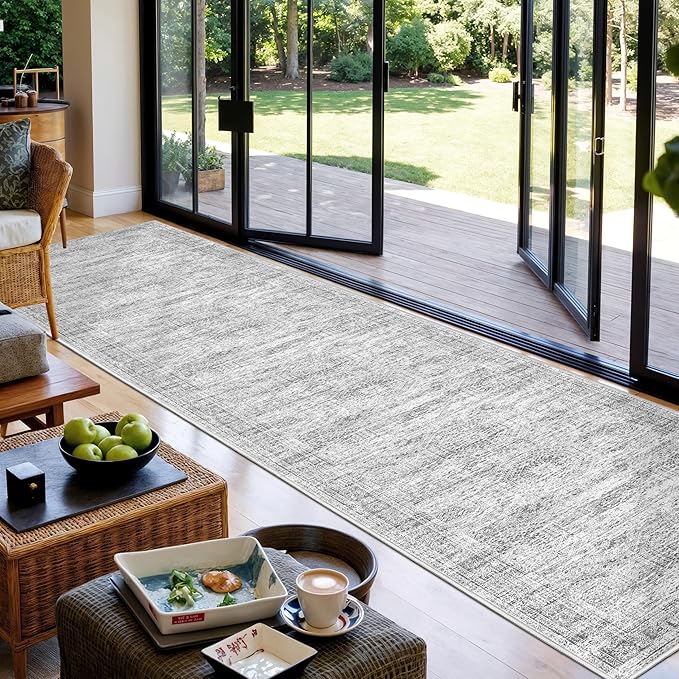 Washable Runner Rug 2.5x14, Non-Slip Long Hallway Runner for Entryway, Soft Vintage Kitchen Mats for Floor, Abstract Dining Room, Bedroom, Living Room Rugs(2.5'x14', Grey/Ivory)