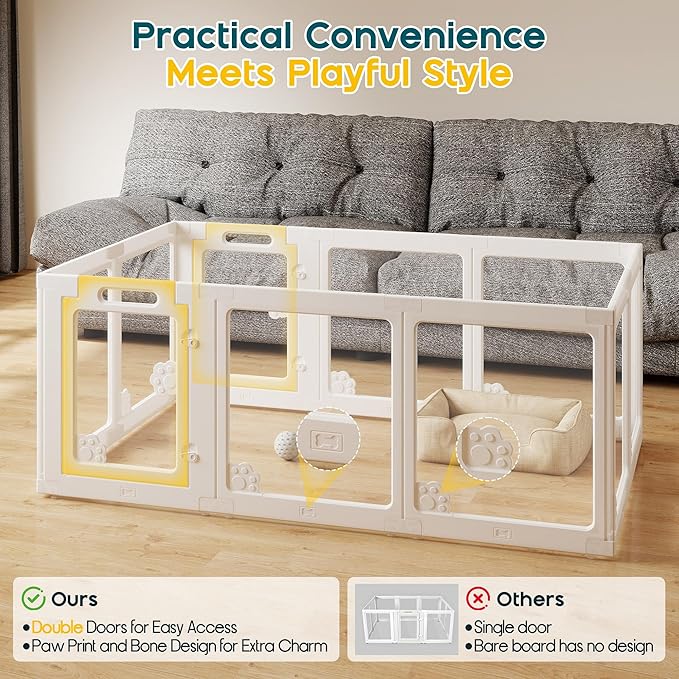 Albott Acrylic Clear Dog Playpen Indoor, Modular Puppy Cat Small Pet Play Pen with 2 Doors, Transparent Fence for Little Dogs, Cats, Rabbits, Easy Assemble and Disassemble, White (24" H, 10 pcs)