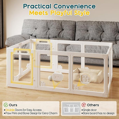 Albott Acrylic Clear Dog Playpen Indoor, Modular Puppy Cat Small Pet Play Pen with 2 Doors, Transparent Fence for Little Dogs, Cats, Rabbits, Easy Assemble and Disassemble, White (24" H, 10 pcs)