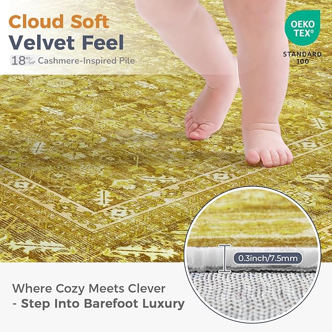 OPPODREAM Thin Vintage Yellow 3x10 Runner Rug, 3 x 10 Retro Washable Rug Non Slip, Low-Pile Faux Wool Carpet, Distressed Floor Mat for Kitchen, Hallway, Entry-Way, Entrance, Indoor Back Door