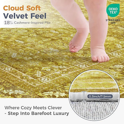 OPPODREAM Thin Vintage Yellow 3x10 Runner Rug, 3 x 10 Retro Washable Rug Non Slip, Low-Pile Faux Wool Carpet, Distressed Floor Mat for Kitchen, Hallway, Entry-Way, Entrance, Indoor Back Door