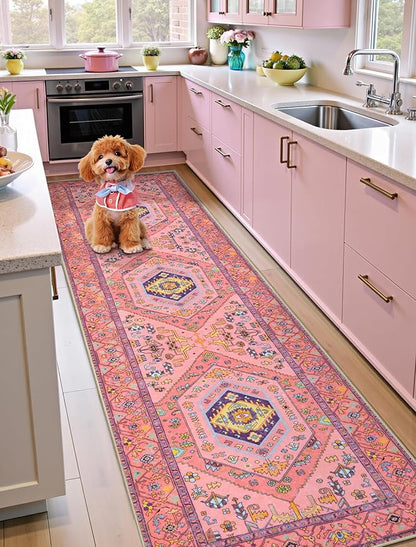 SERISSA Runner Rug for Hallways, 2'6"x8' Washable Non Slip Kitchen Runner Rug, Ultra Soft Cute Boho Aesthetic Rug Long Fuchsia Pink Floor Carpet for Bedroom Bathroom Laundry Living Room