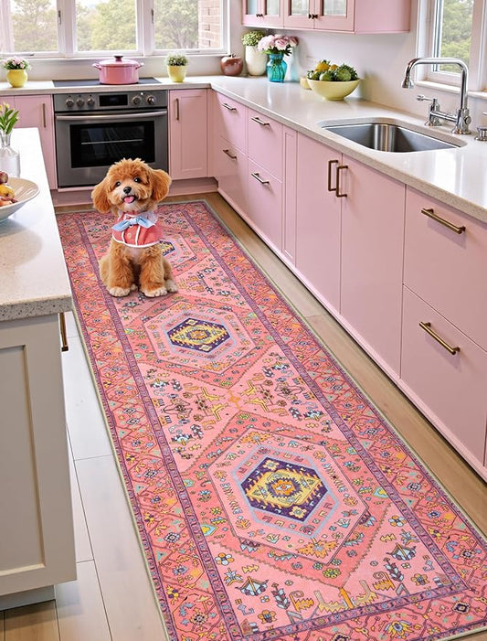SERISSA Runner Rug for Hallways, 2'6"x8' Washable Non Slip Kitchen Runner Rug, Ultra Soft Cute Boho Aesthetic Rug Long Fuchsia Pink Floor Carpet for Bedroom Bathroom Laundry Living Room