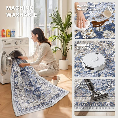 zesthome 5x7 Area Rugs - Ultra-Thin Washble Rug, Stain Resistant Anti Slip Backing Rugs for Living Room,Bedroom, Vintage Home Decor Area Rug (Blue/Beige,5'x7')