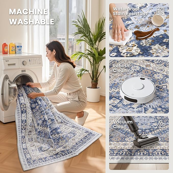 zesthome 9x12 Area Rugs,Stain Resistant Washable Rug,Ultra-Thin Rugs for Living Room,Bedroom,Non-Slip Backing Home Decor Large Area Rug (Blue/Beige,9'x12')