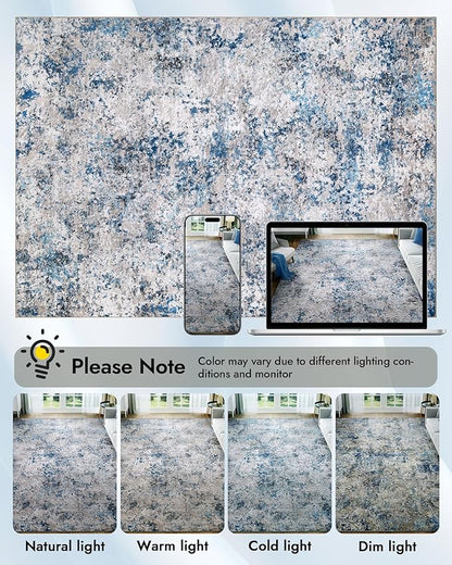 AUKOW 10x12 Area Rug for Living Room - Washable Abstract Rus Modern Neutral Soft Rug for Bedroom Dining Room No Slip Low Pile Carpet for Nursery Home Office - Grey/Blue